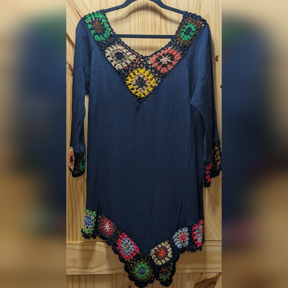Crochet Granny Square Trimmed Tunic Top, Blue, M/L